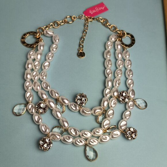 Lilly Pulitzer Statement Necklace 3 Strand Dreamy Pearl In Resort White Casual - Picture 3 of 13